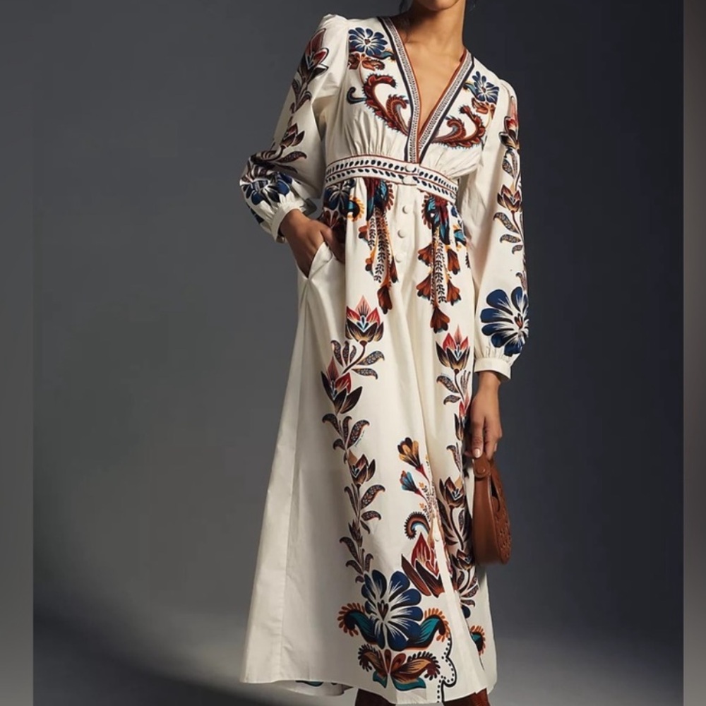 NWT Farm-Anthropologie V-Neck Maxi Dress Med